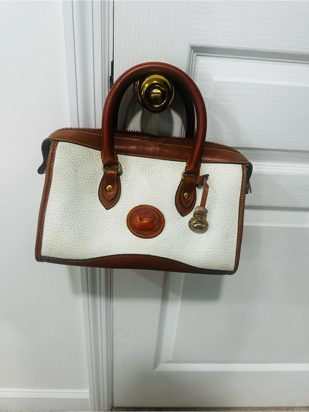 Dooney & Bourke White Pebbled Leather Satchel with Brown Trim and Brass Hardware - Picture 1 of 2